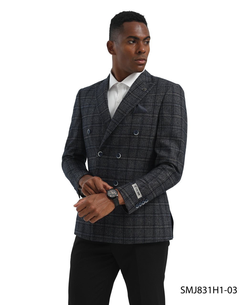 Navy Double Breasted Glen Plaid Peak Lapel Stacy Adams Men's Jacket