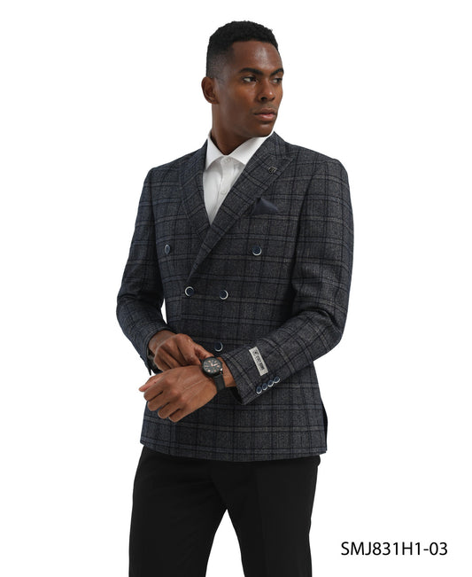 Navy Double Breasted Glen Plaid Peak Lapel Stacy Adams Men's Jacket