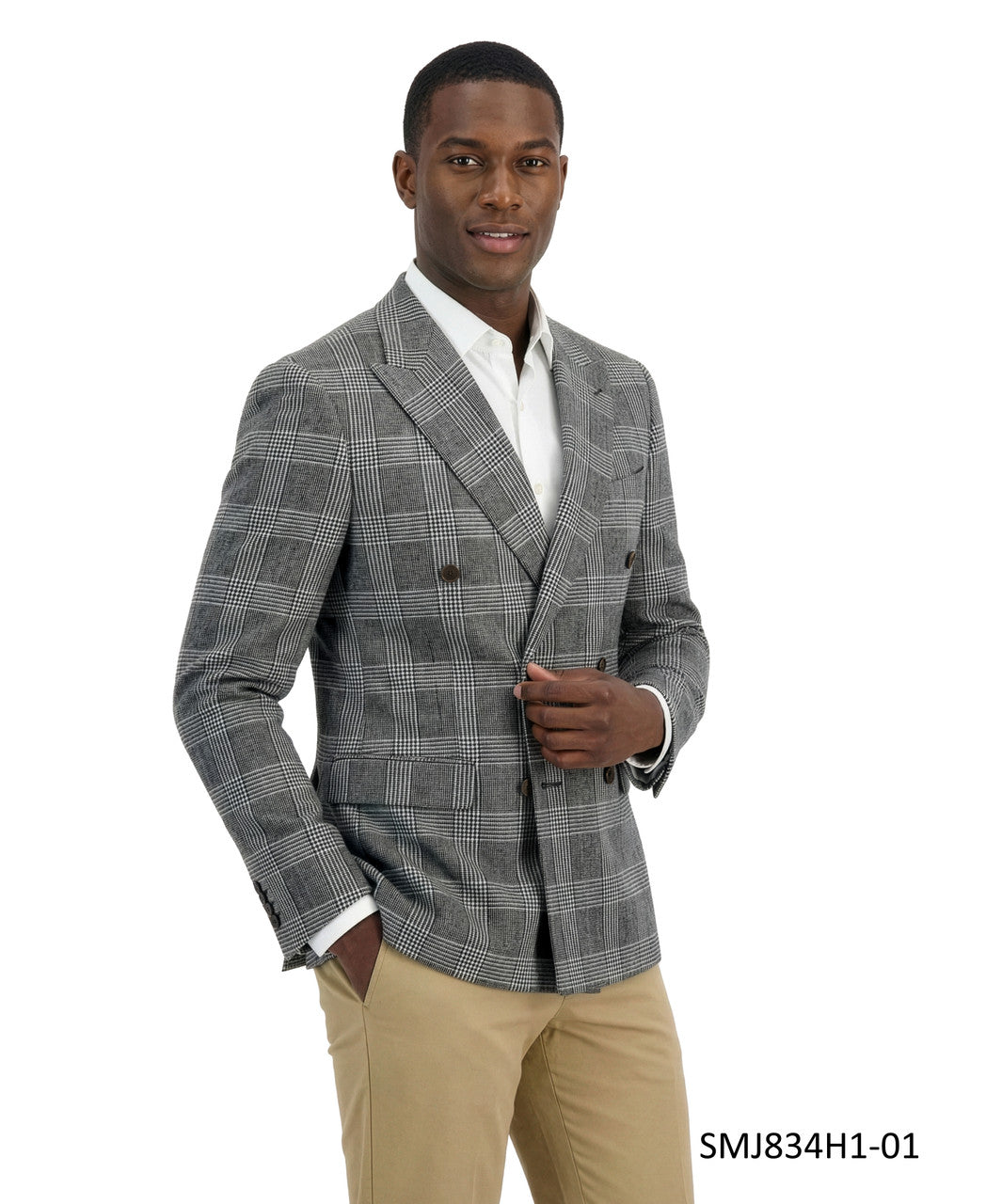 Grey Double Breasted Windowpane Plaid Peak Lapel Stacy Adams Men's Jacket