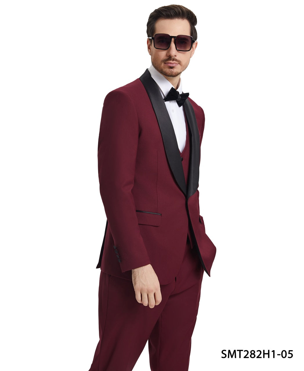 Burgundy/Black Satin Shawl Lapel 3 Piece Stacy Adams Men's Hybrid Tuxedo